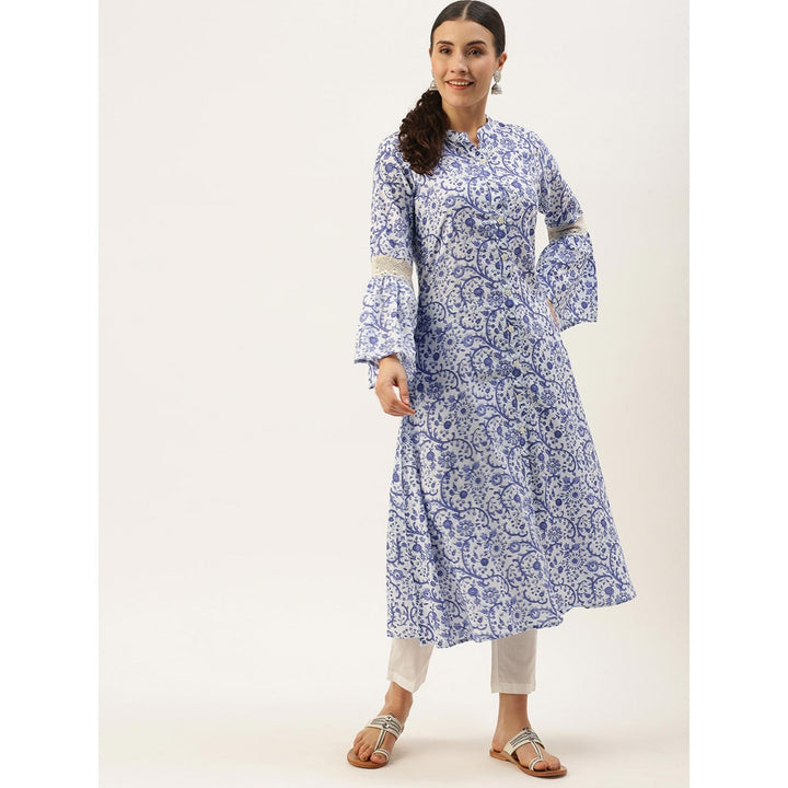 Shaily Women White & Blue Floral Printed Cotton Kurta with Trousers (Set of 2)