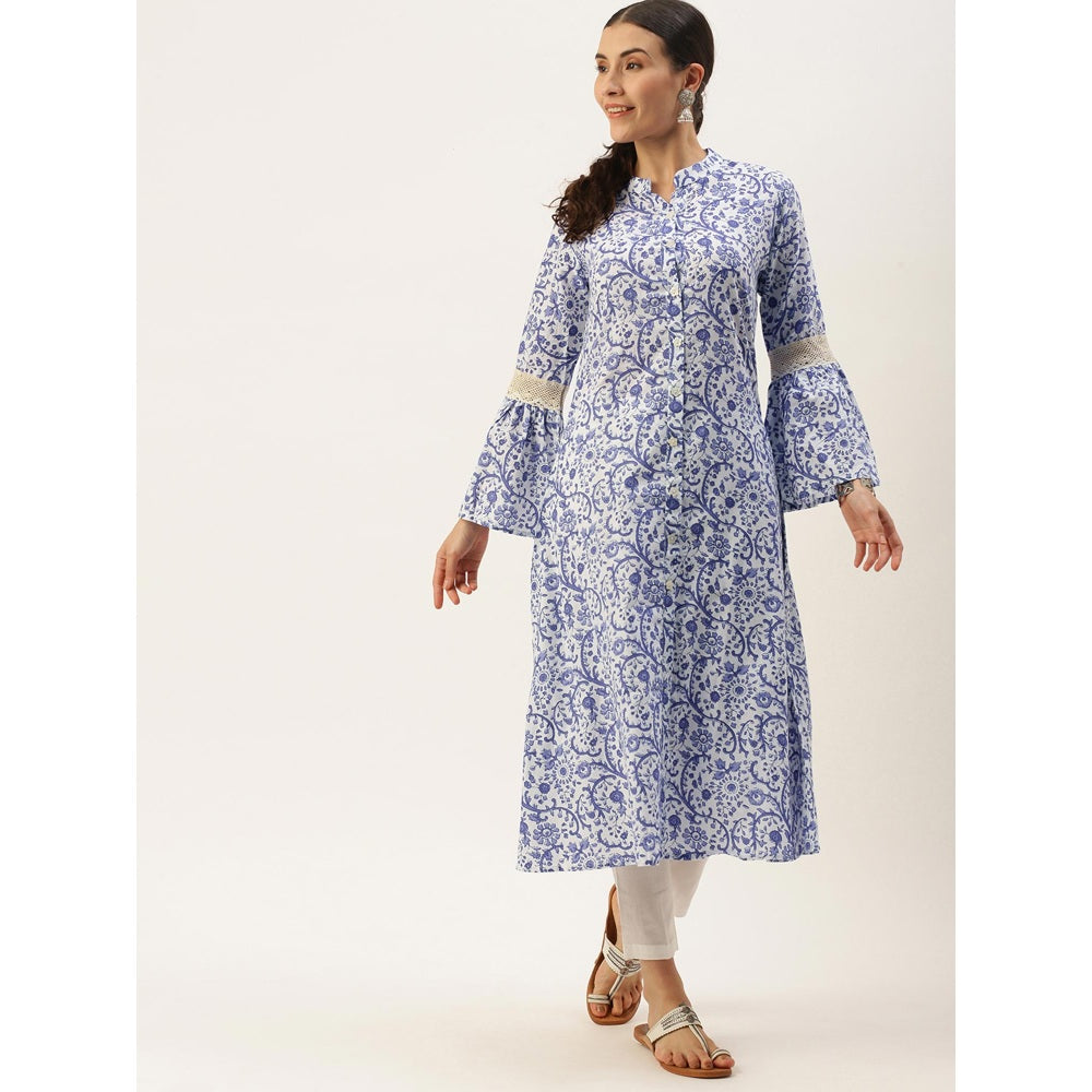 Shaily Women White & Blue Floral Printed Cotton Kurta with Trousers (Set of 2)