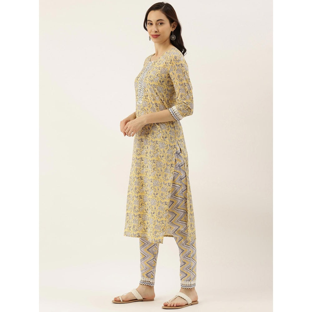Shaily Women Yellow & Grey Floral Printed Kurta with Trousers & Dupatta (Set of 2)