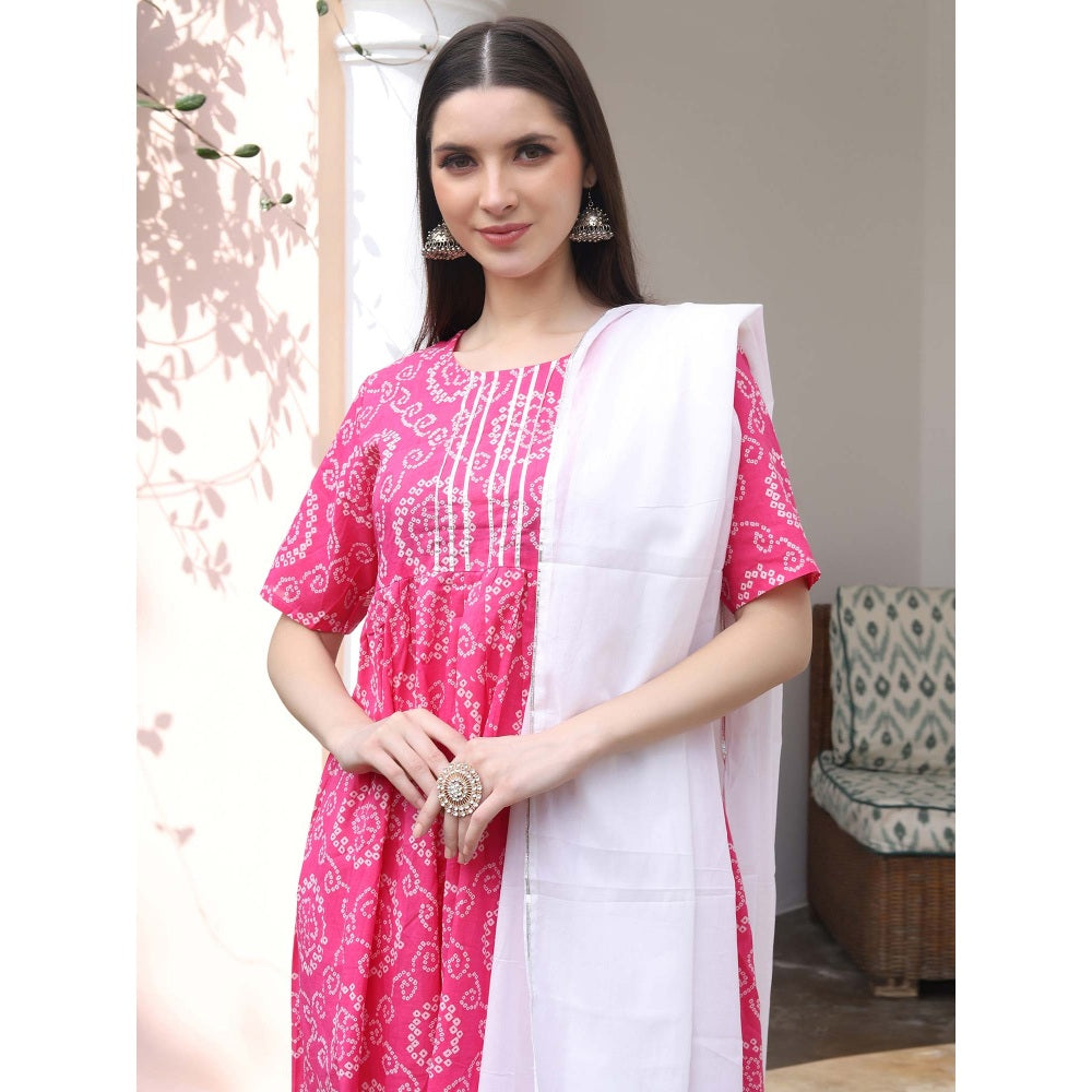 Shaily Women Pink & White Bandhani Print Kurta with Trousers & Dupatta (Set of 3)