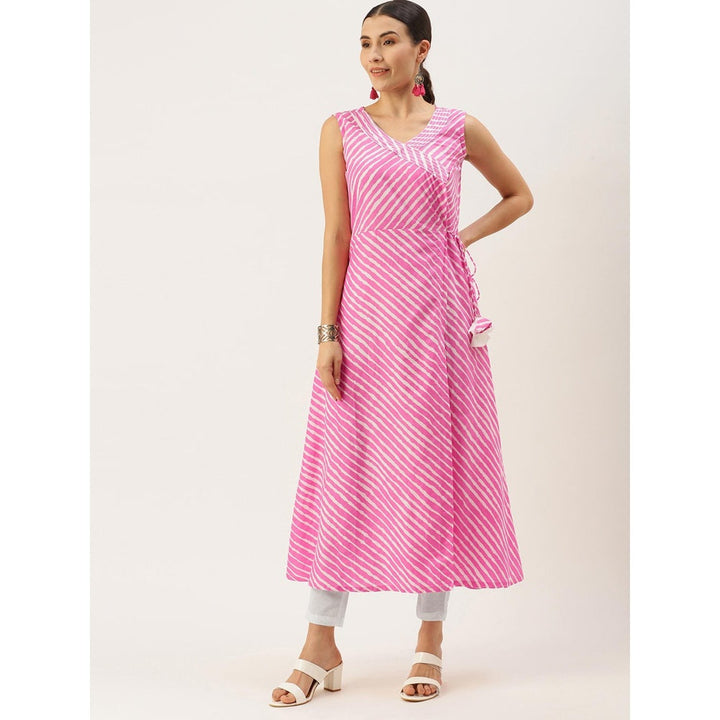 Shaily Women Pink & White Leheriya Strip Print Kurta with Pyjamas (Set of 2)