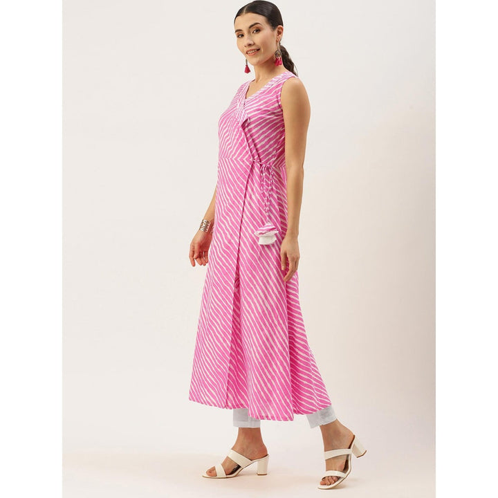 Shaily Women Pink & White Leheriya Strip Print Kurta with Pyjamas (Set of 2)