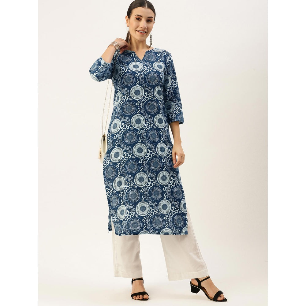 Shaily Women Navy Blue & White Printed Kurta with Trousers (Set of 2)