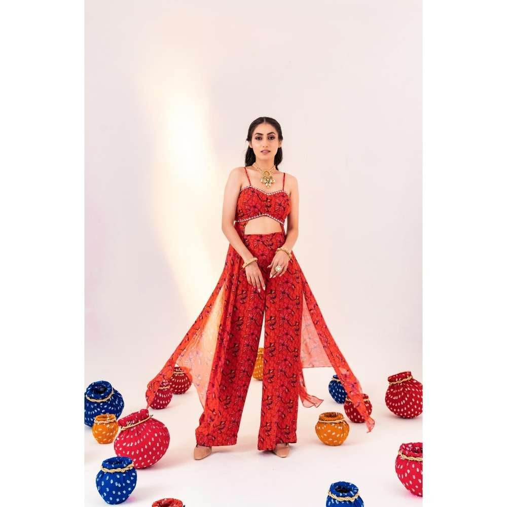 Silky Bindra Printed Back Knot Blouse With Side Panels And Straight Pant (Set of 2)