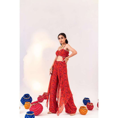 Silky Bindra Printed Back Knot Blouse With Side Panels And Straight Pant (Set of 2)