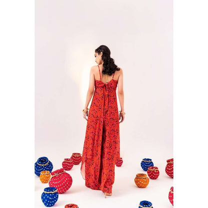 Silky Bindra Printed Back Knot Blouse With Side Panels And Straight Pant (Set of 2)