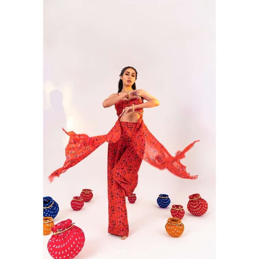 Silky Bindra Printed Back Knot Blouse With Side Panels And Straight Pant (Set of 2)