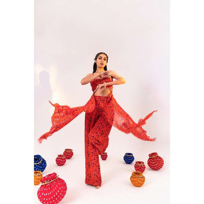 Silky Bindra Printed Back Knot Blouse With Side Panels And Straight Pant (Set of 2)