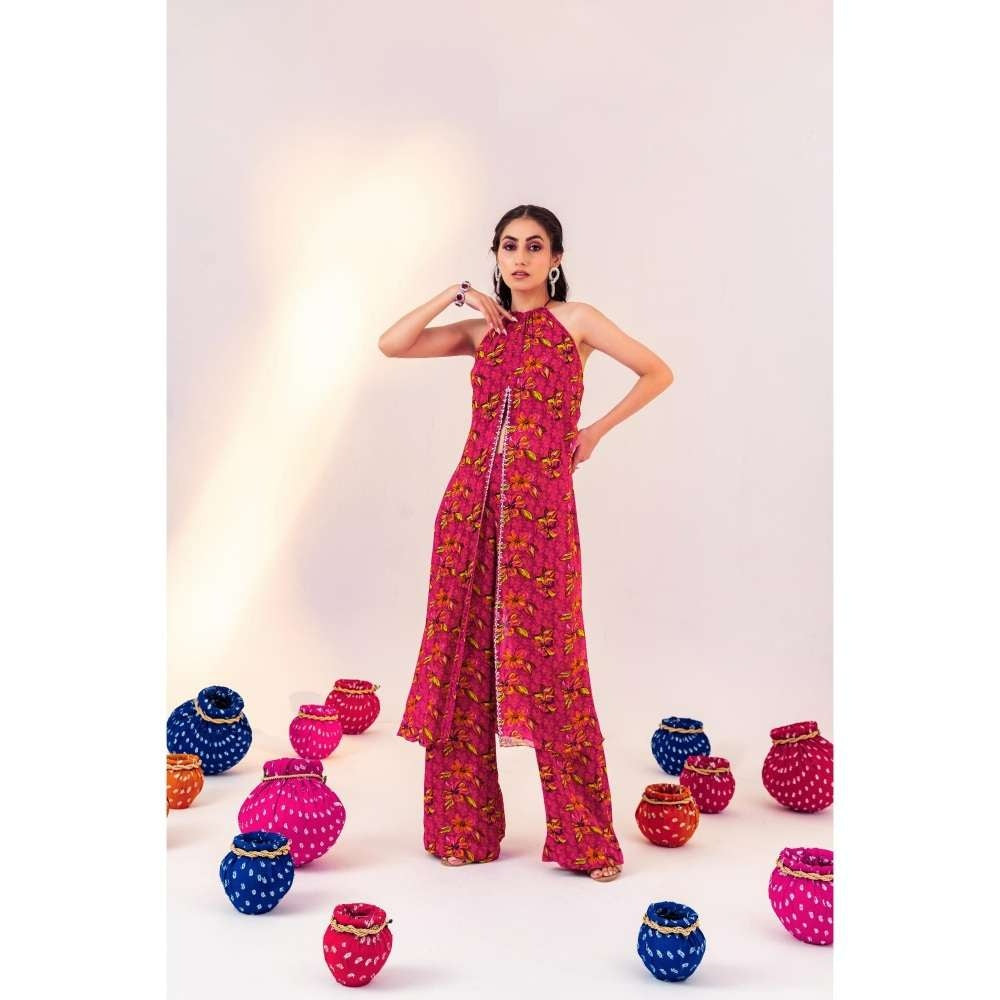 Silky Bindra Printed Centre Cut Halter Neck Tunic And Straight Pant (Set of 2)