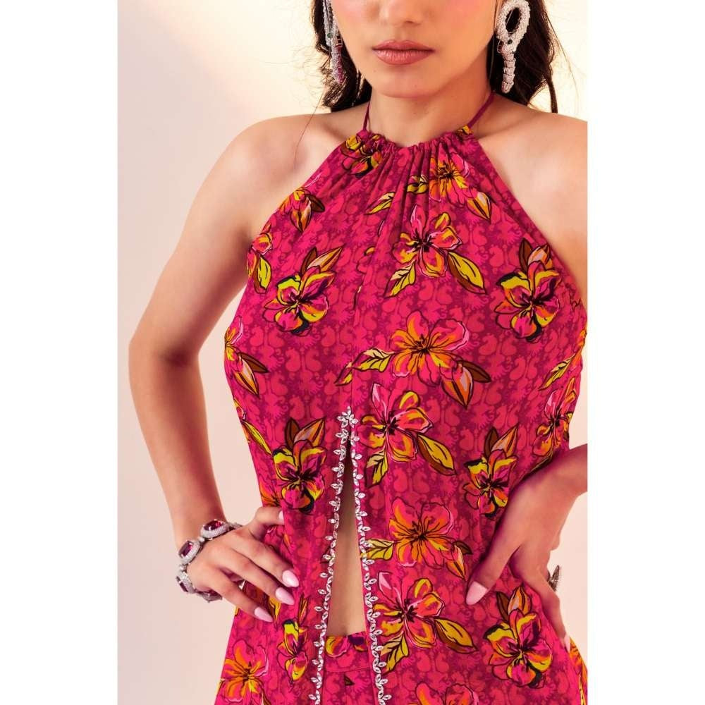 Silky Bindra Printed Centre Cut Halter Neck Tunic And Straight Pant (Set of 2)