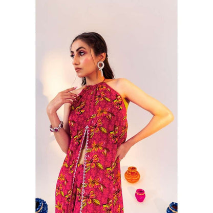 Silky Bindra Printed Centre Cut Halter Neck Tunic And Straight Pant (Set of 2)