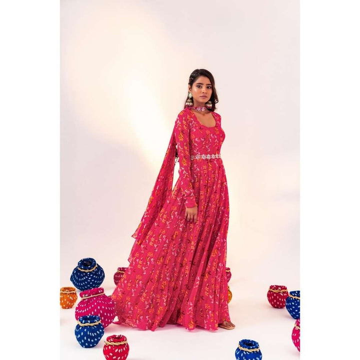 Silky Bindra Printed Scoop Neck Anarkali with Dupatta and Detachable Belt (Set of 2)