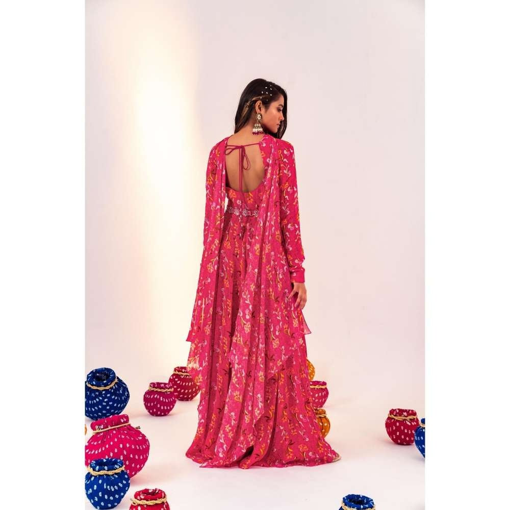 Silky Bindra Printed Scoop Neck Anarkali with Dupatta and Detachable Belt (Set of 2)