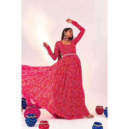 Silky Bindra Printed Scoop Neck Anarkali with Dupatta and Detachable Belt (Set of 2)