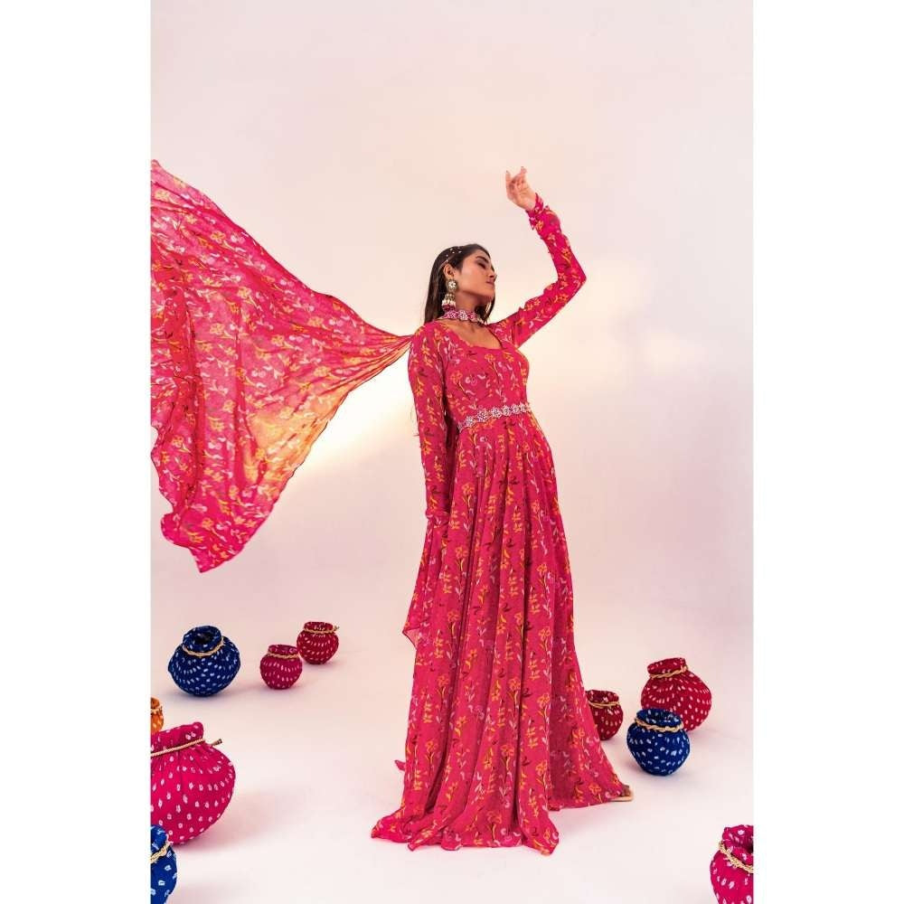 Silky Bindra Printed Scoop Neck Anarkali with Dupatta and Detachable Belt (Set of 2)