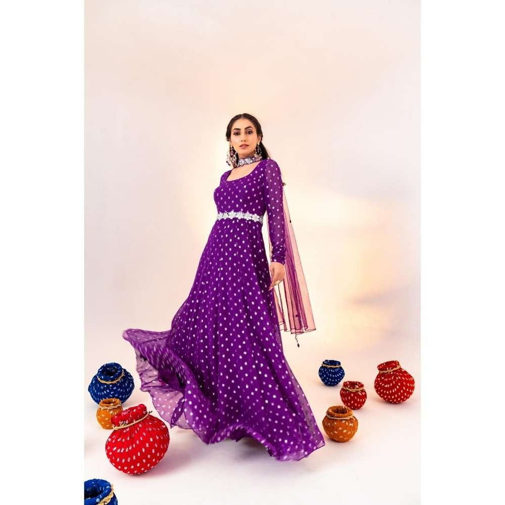 Silky Bindra Scoop Neck Anarkali with Dupatta and Detachable Belt (Set of 2)