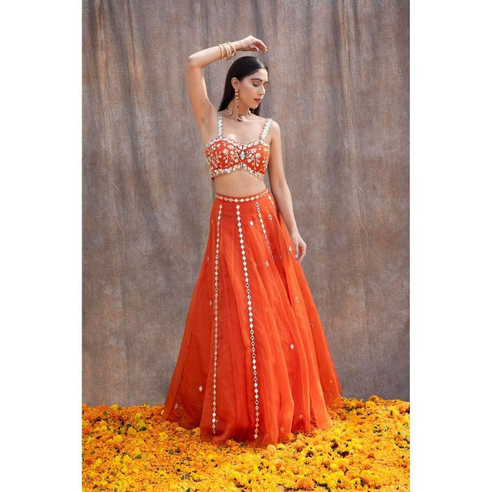 Silky Bindra V-Hem Mirror Bustier & Lehenga (Set of 3)