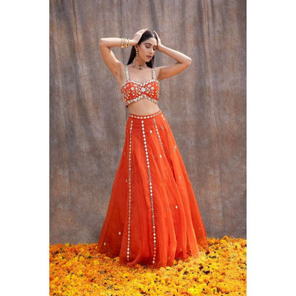 Silky Bindra V-Hem Mirror Bustier & Lehenga (Set of 3)