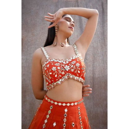 Silky Bindra V-Hem Mirror Bustier & Lehenga (Set of 3)