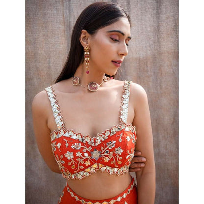 Silky Bindra V-Hem Mirror Bustier & Lehenga (Set of 3)