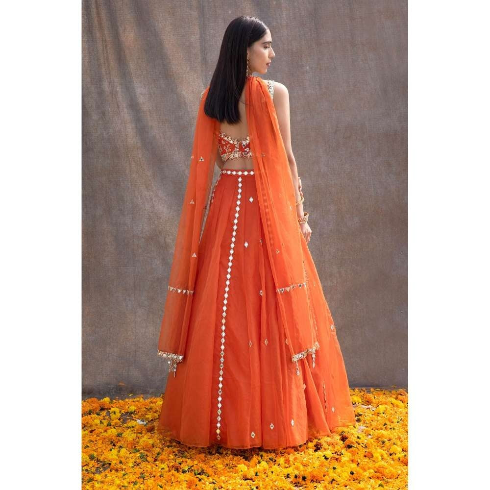 Silky Bindra V-Hem Mirror Bustier & Lehenga (Set of 3)