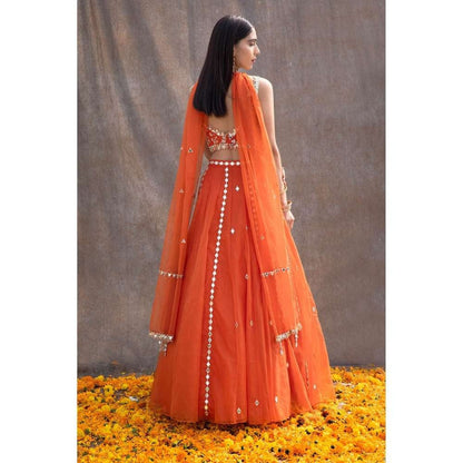 Silky Bindra V-Hem Mirror Bustier & Lehenga (Set of 3)