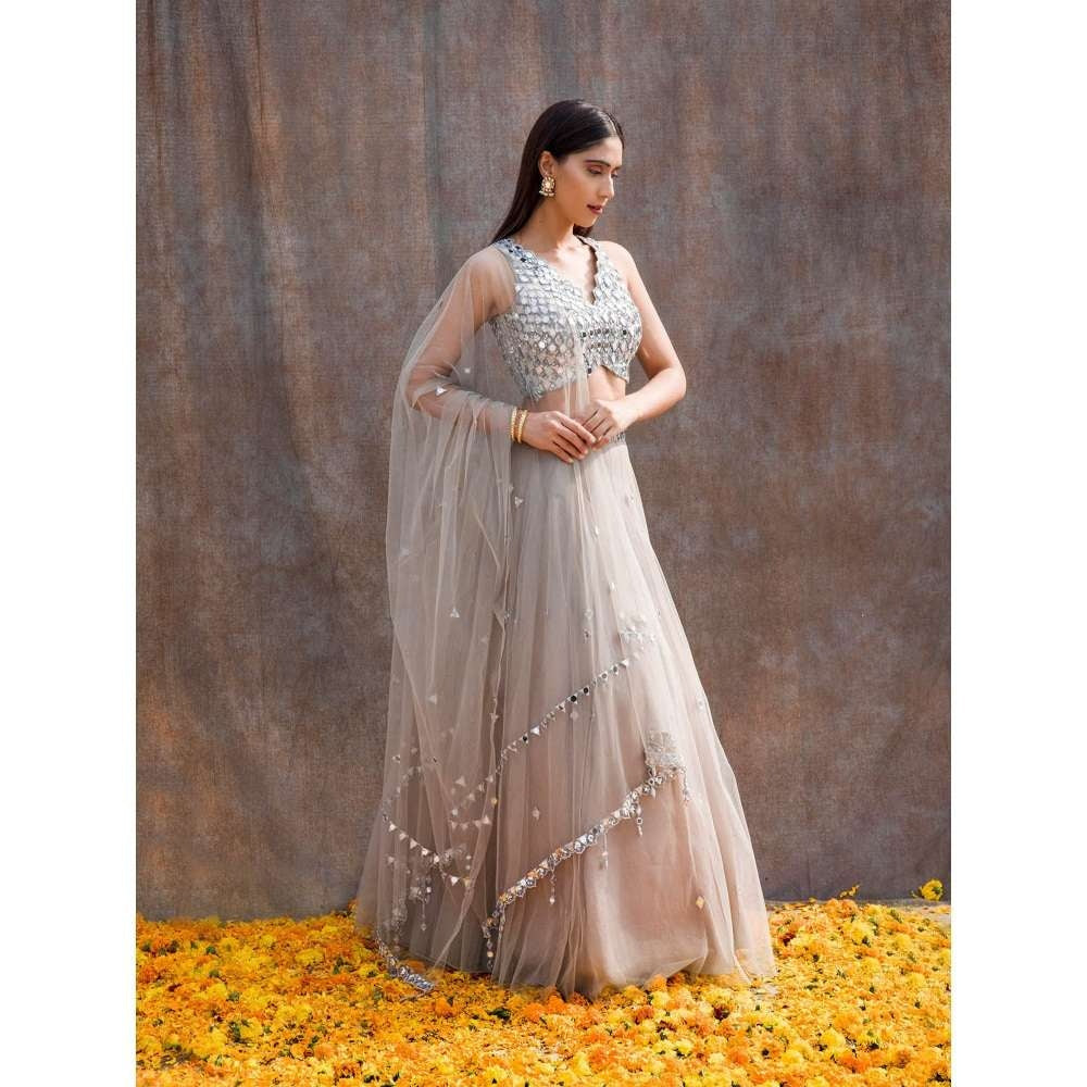 Silky Bindra V-Hem Blouse & Tulle Lehenga (Set of 3)