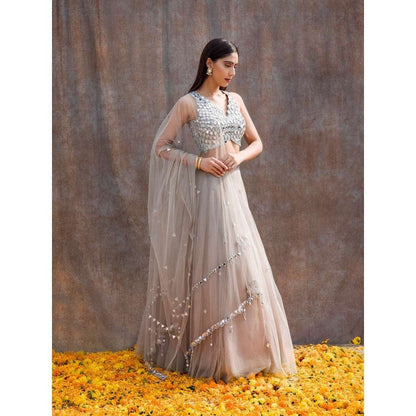 Silky Bindra V-Hem Blouse & Tulle Lehenga (Set of 3)