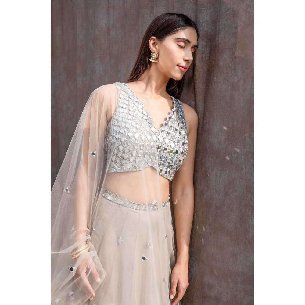 Silky Bindra V-Hem Blouse & Tulle Lehenga (Set of 3)
