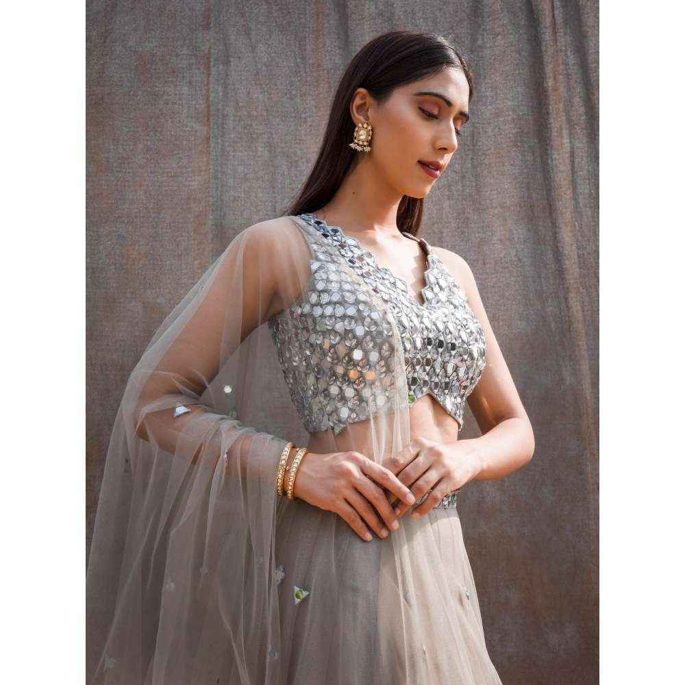 Silky Bindra V-Hem Blouse & Tulle Lehenga (Set of 3)