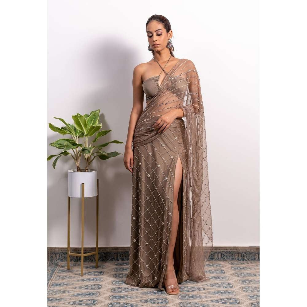 Silky Bindra High Slit Fusion Saree with Stitched Blouse