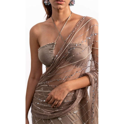 Silky Bindra High Slit Fusion Saree with Stitched Blouse