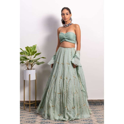 Silky Bindra Ruchhed Bustier and Lehenga (Set of 3)
