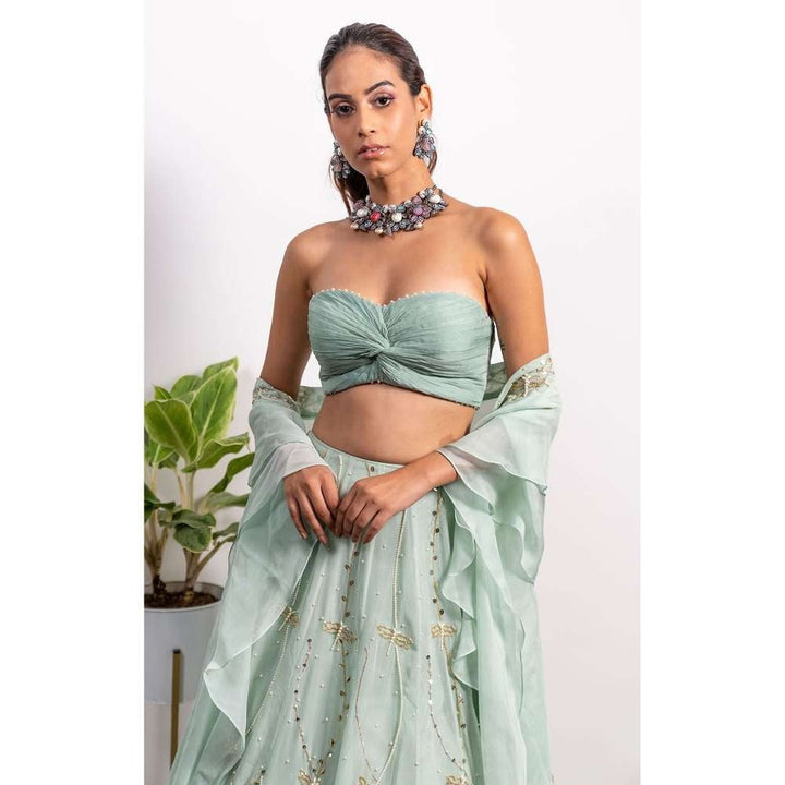 Silky Bindra Ruchhed Bustier and Lehenga (Set of 3)