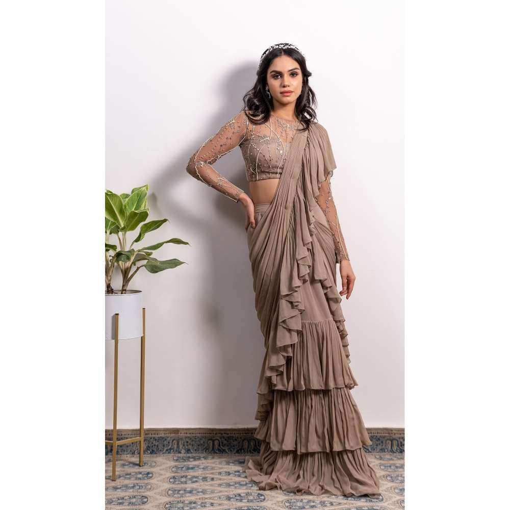 Silky Bindra Frill Saree With Pearl Strap Stitched Blouse