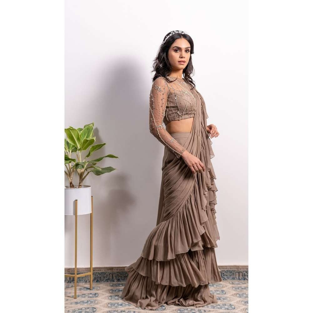 Silky Bindra Frill Saree With Pearl Strap Stitched Blouse