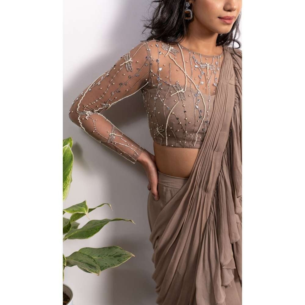 Silky Bindra Frill Saree With Pearl Strap Stitched Blouse