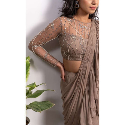 Silky Bindra Frill Saree With Pearl Strap Stitched Blouse