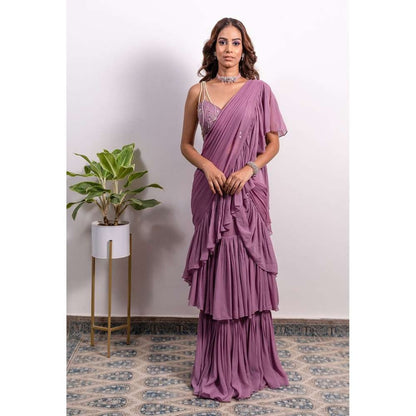 Silky Bindra Frill Saree With Dragonfly Embroidered Stitched Blouse