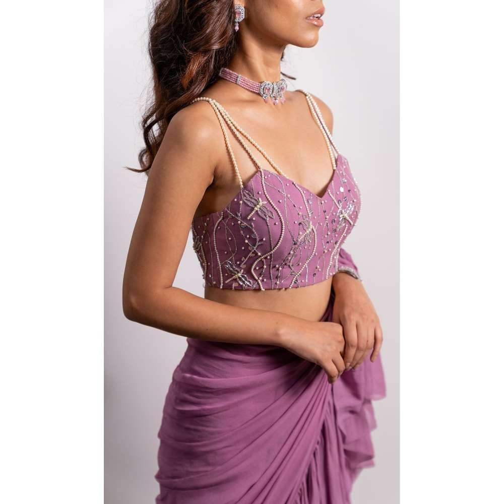 Silky Bindra Frill Saree With Dragonfly Embroidered Stitched Blouse