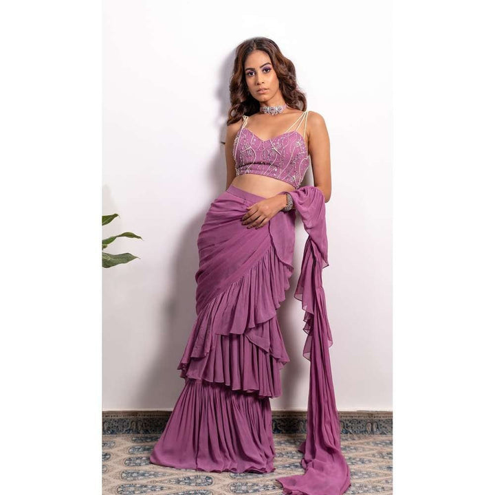 Silky Bindra Frill Saree With Dragonfly Embroidered Stitched Blouse