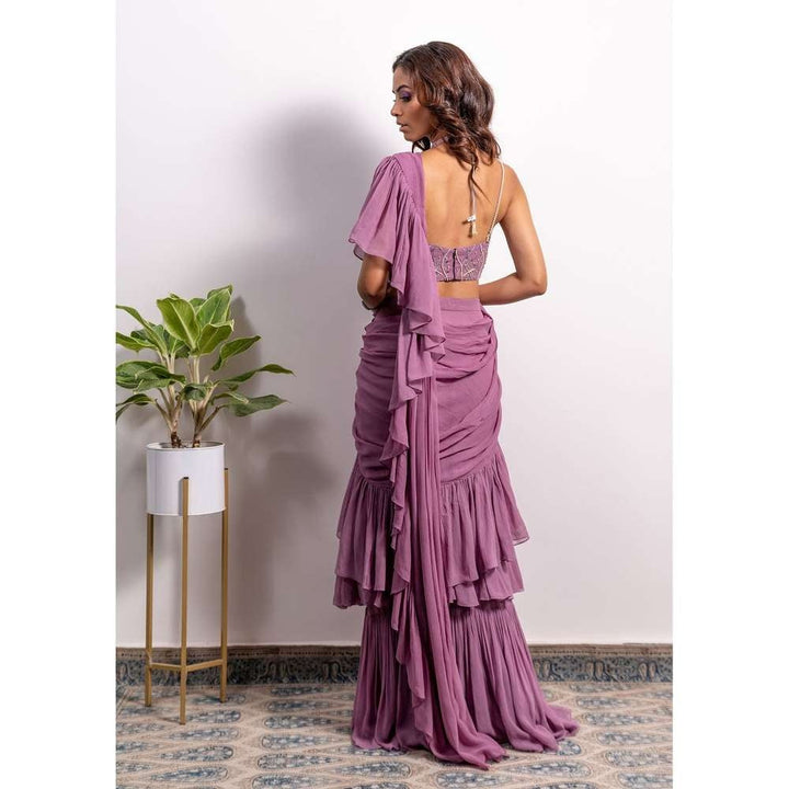 Silky Bindra Frill Saree With Dragonfly Embroidered Stitched Blouse
