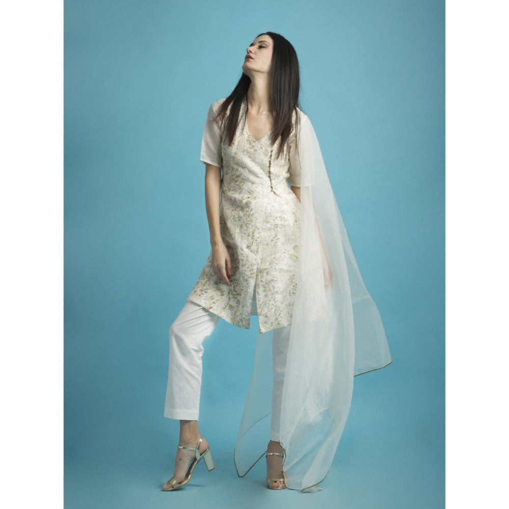 Saksham & Neharicka Ivory Embroidered Kurta With Linen Palazzo - (Set of 3)