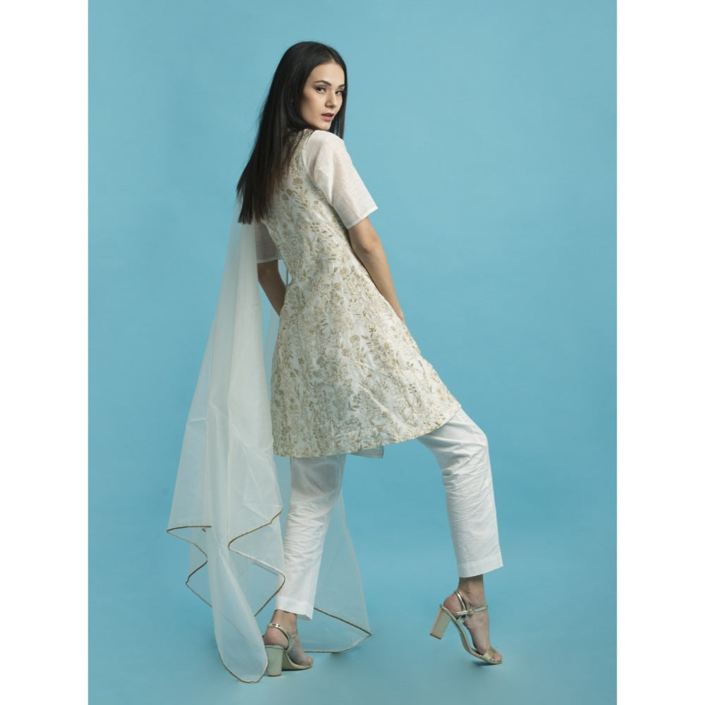 Saksham & Neharicka Ivory Embroidered Kurta With Linen Palazzo - (Set of 3)