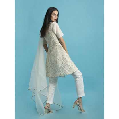 Saksham & Neharicka Ivory Embroidered Kurta With Linen Palazzo - (Set of 3)
