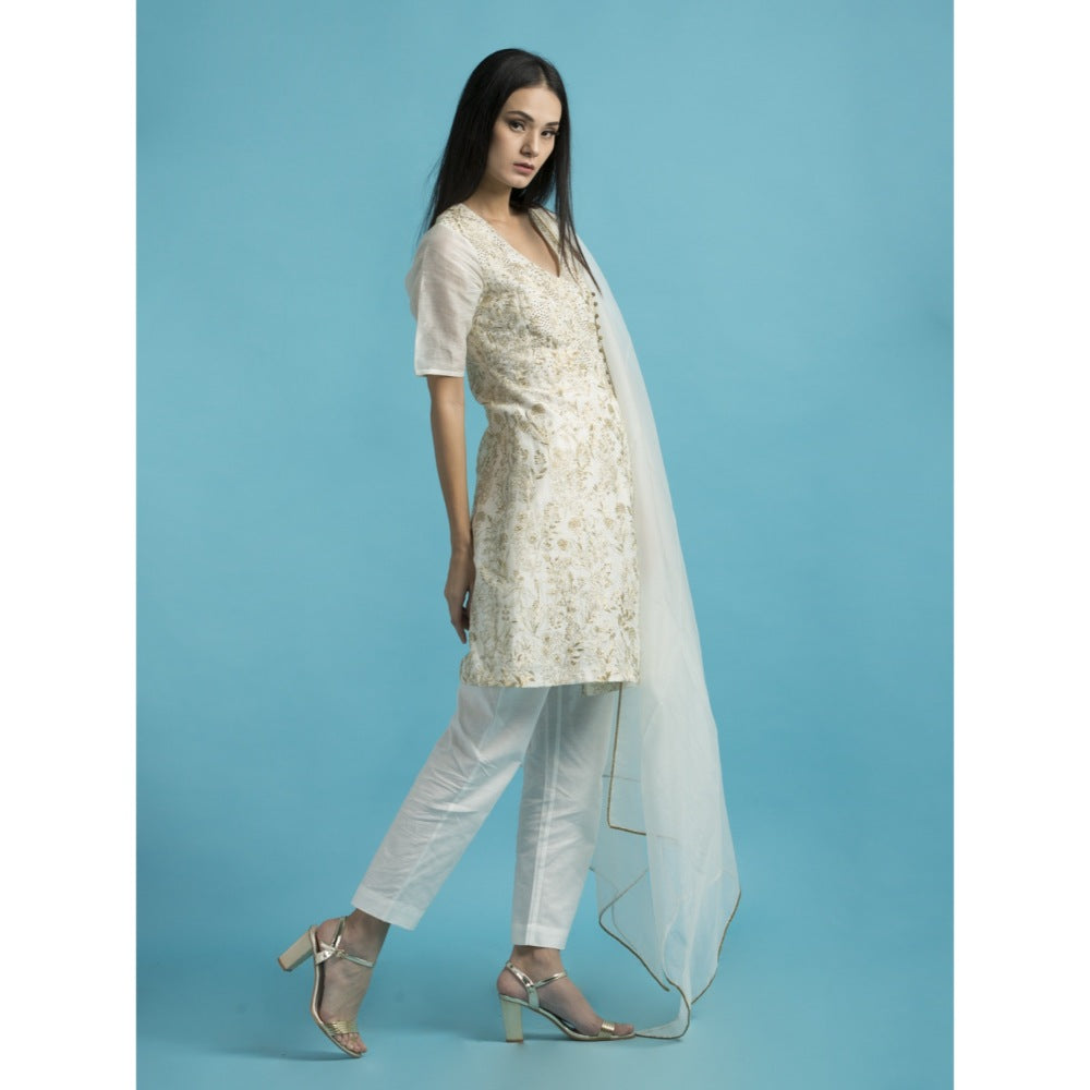 Saksham & Neharicka Ivory Embroidered Kurta With Linen Palazzo - (Set of 3)