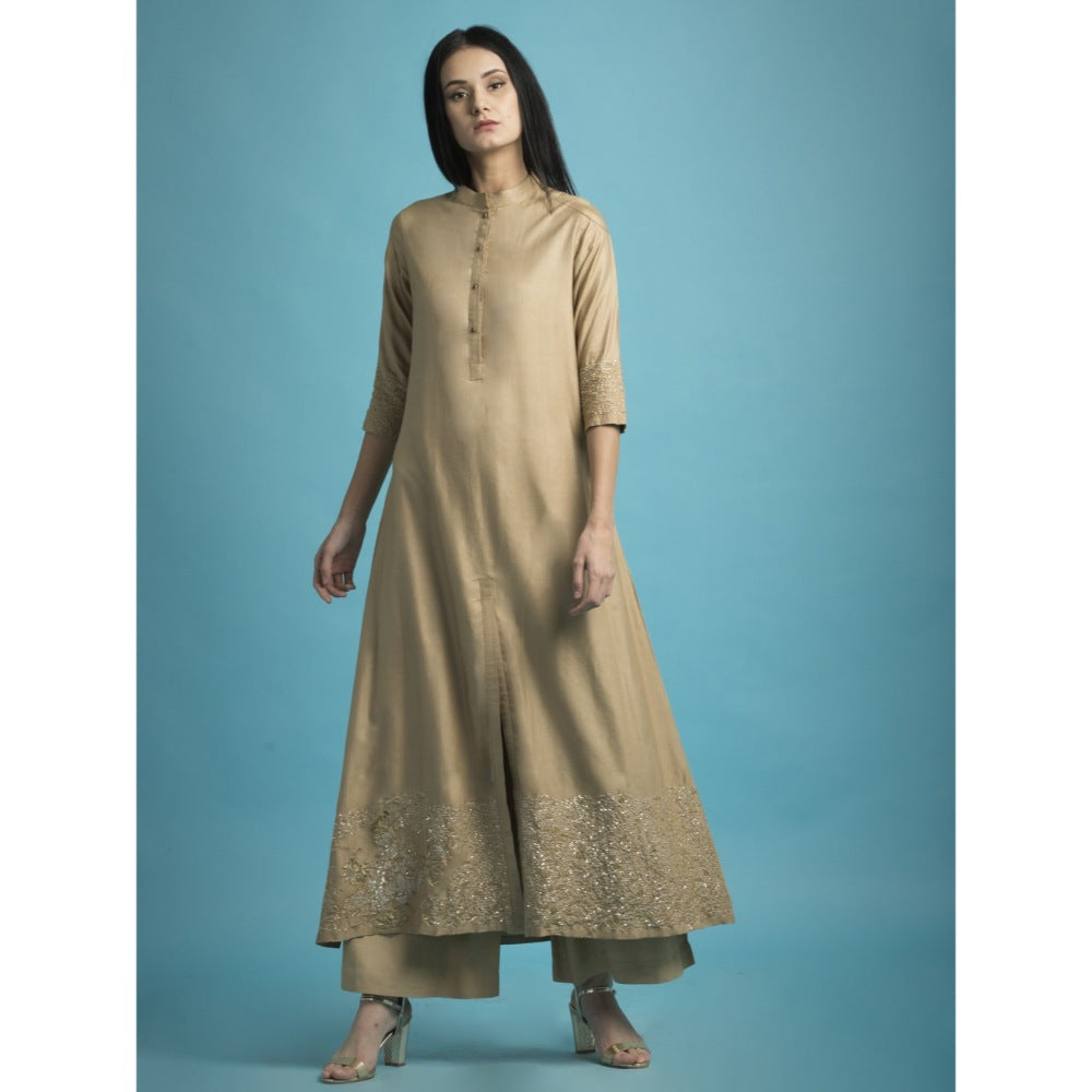 Saksham & Neharicka Beige Embroidered Kurta With Palazzo - (Set of 2)