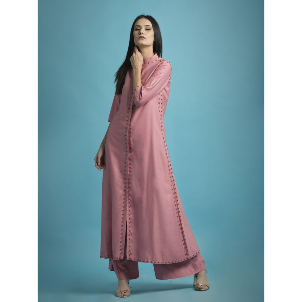 Saksham & Neharicka Pink Kurta With Metallic FlowersAnd Palazzo - (Set of 2)