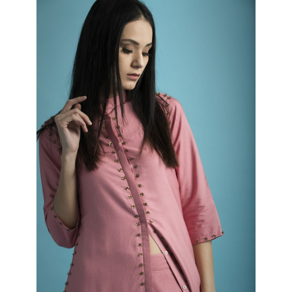 Saksham & Neharicka Pink Kurta With Metallic FlowersAnd Palazzo - (Set of 2)