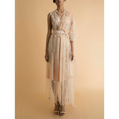 Saksham & Neharicka Beige Embroidered Sheer Dress With Drape